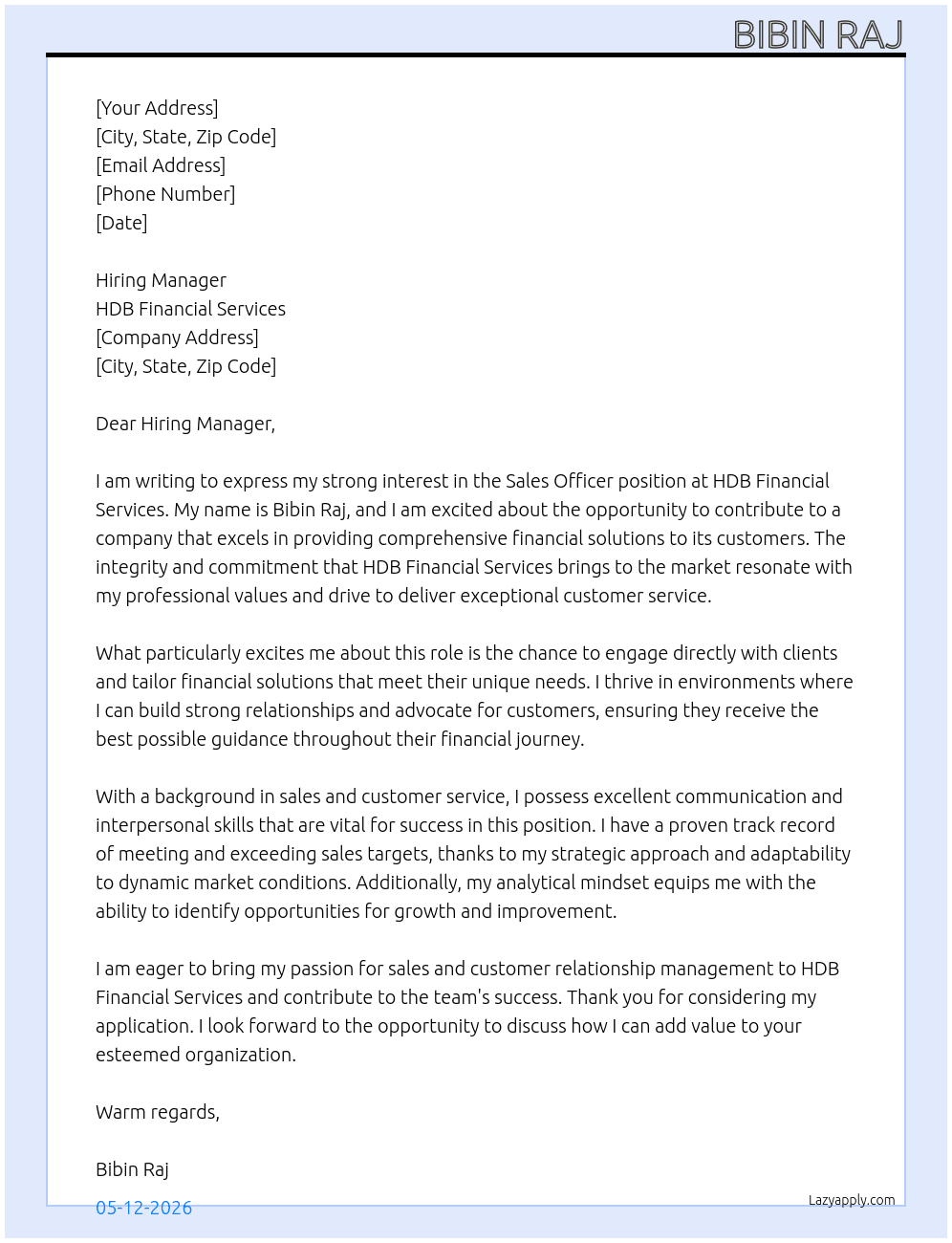 sales officers At HDB financia ser Cover Letter