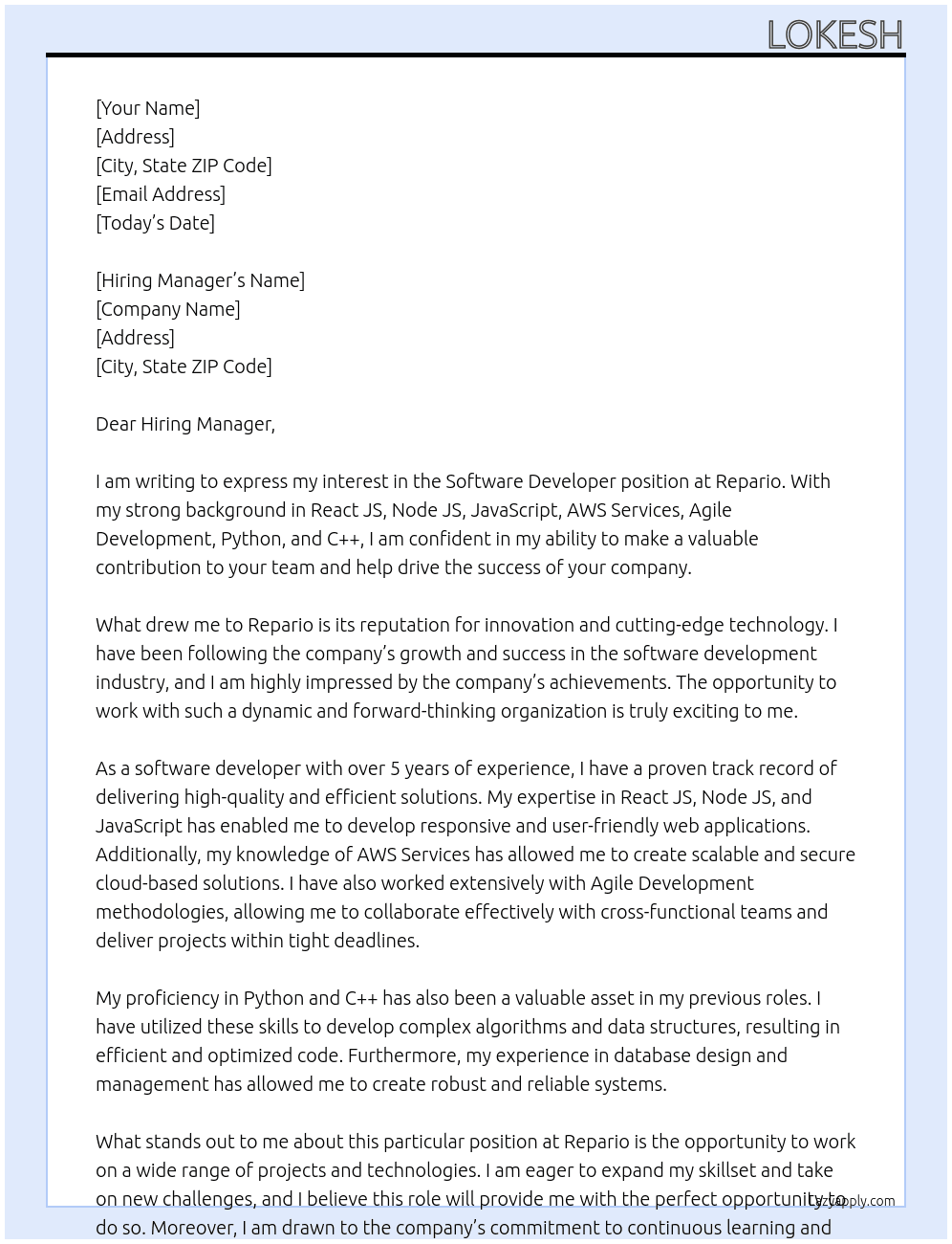 Software Developer At Repario Cover Letter