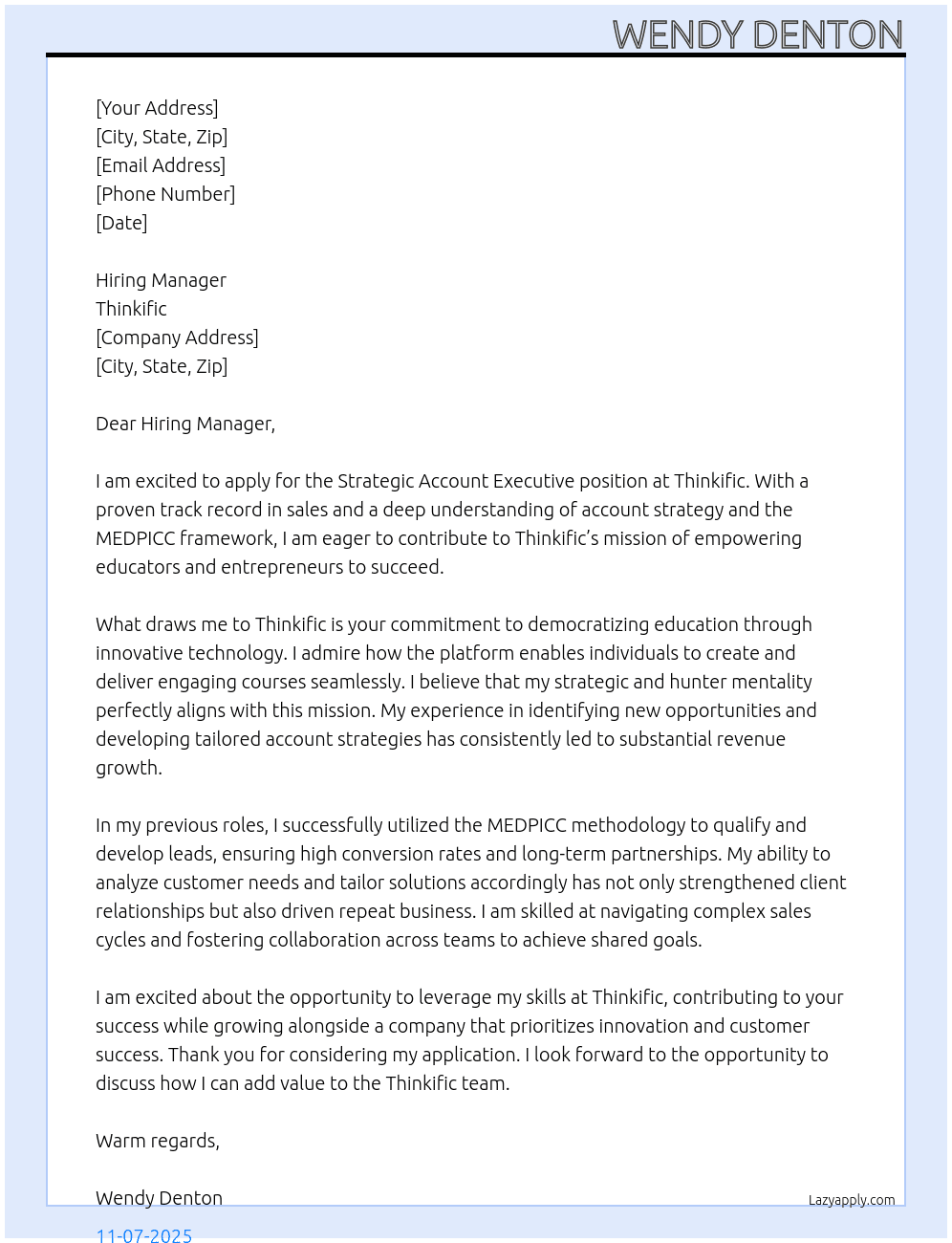 Strategic Account Executive At Thinkific Cover Letter