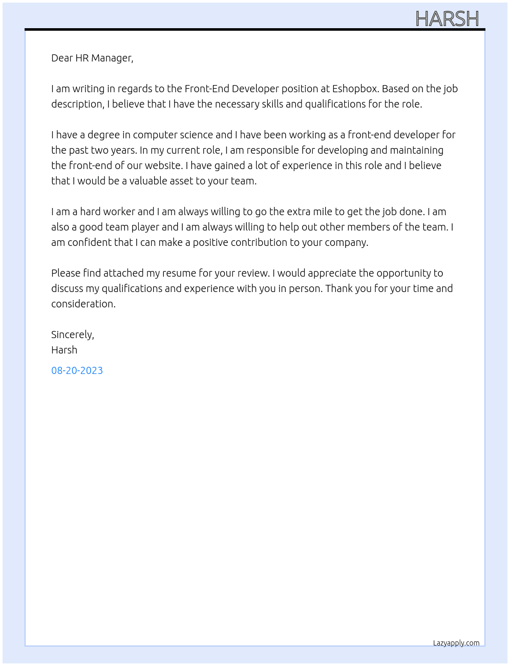 Front-End Developer At Eshopbox Cover Letter