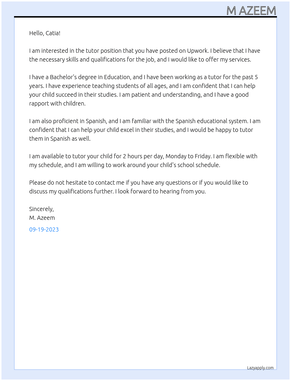 tutor At upwork Cover Letter