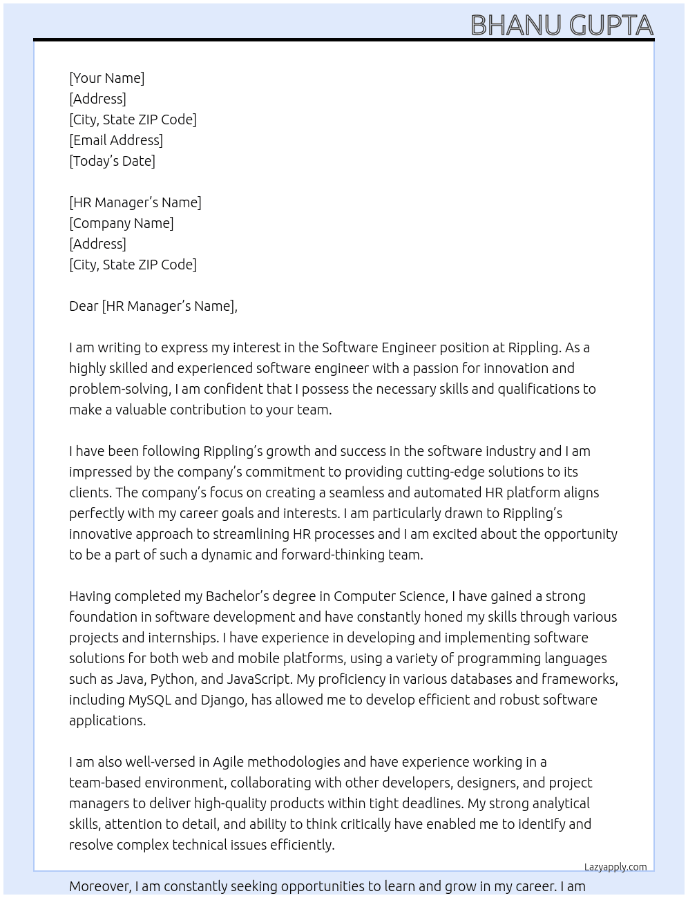 Software Engineer At Rippling Cover Letter