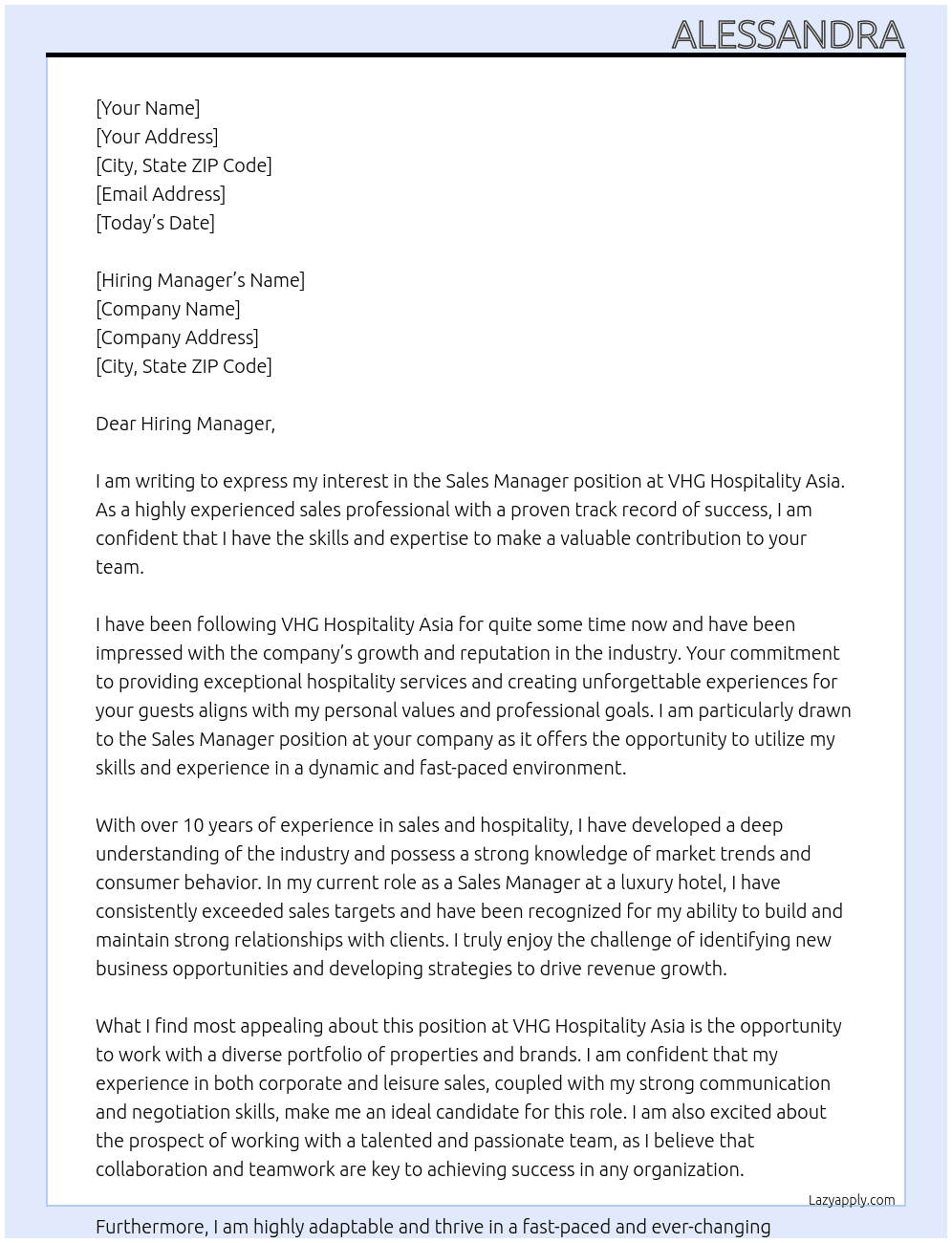 Sales Manager At  VHG Hospitality Asia Cover Letter