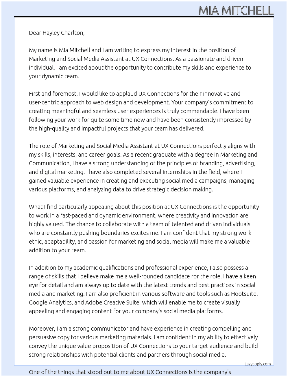Marketing and Social Media Assistant At UX Connections Cover Letter