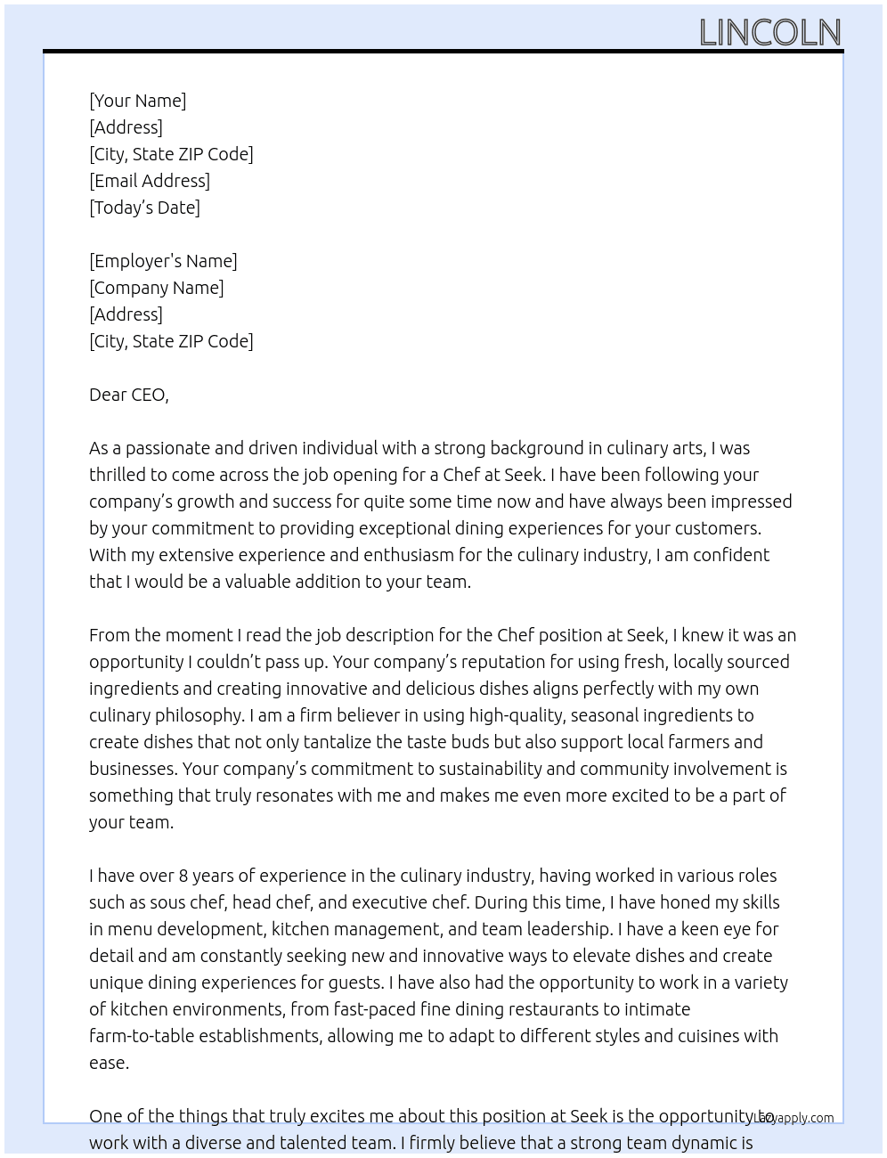 chef At seek Cover Letter