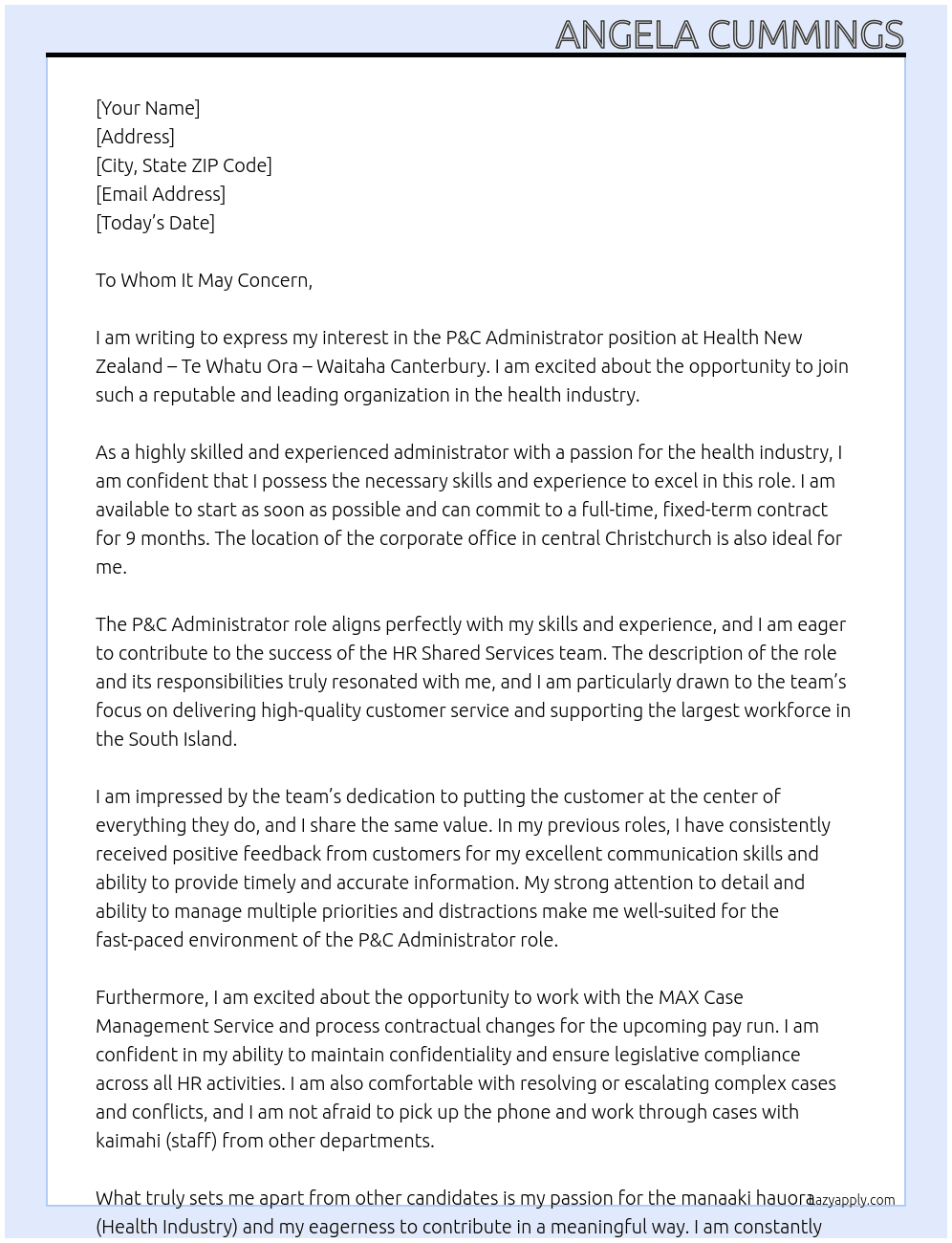 P & C Administrator At Health New Zealand – Te Whatu Ora – Waitaha Canterbury Cover Letter