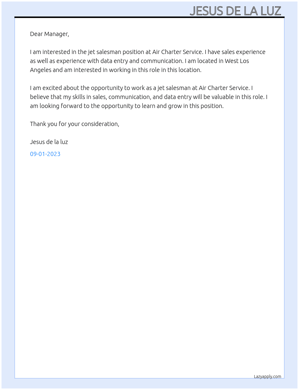 Jet salesman  At Air Charter Service Cover Letter