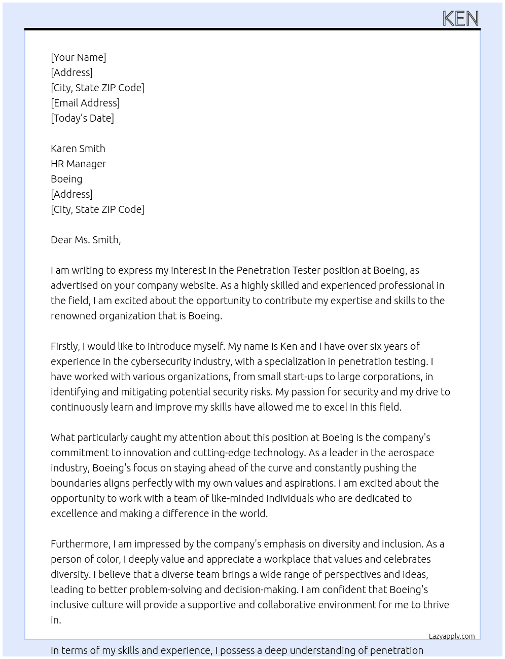Penetration Tester At Boeing Cover Letter