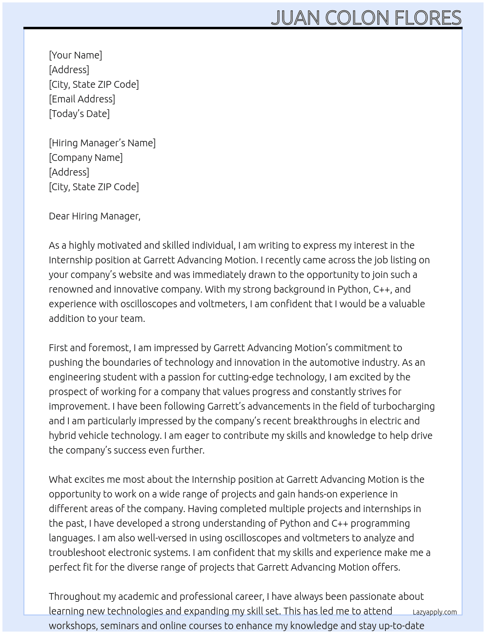 Internship  At  Garrett Advancing Motion Cover Letter