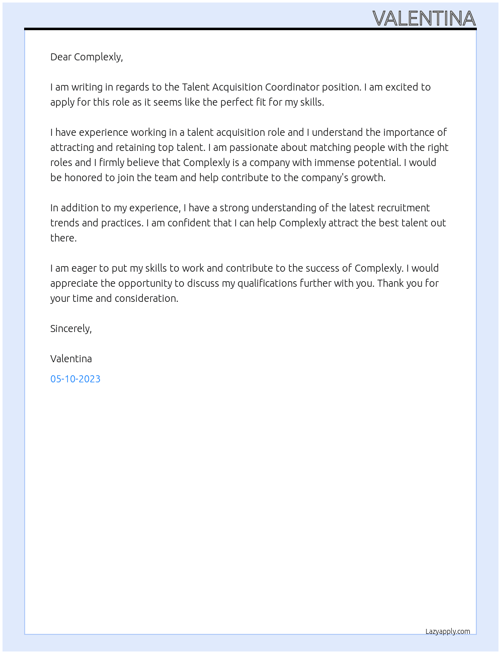 Talent Acquisition Coordinator At Complexly Cover Letter