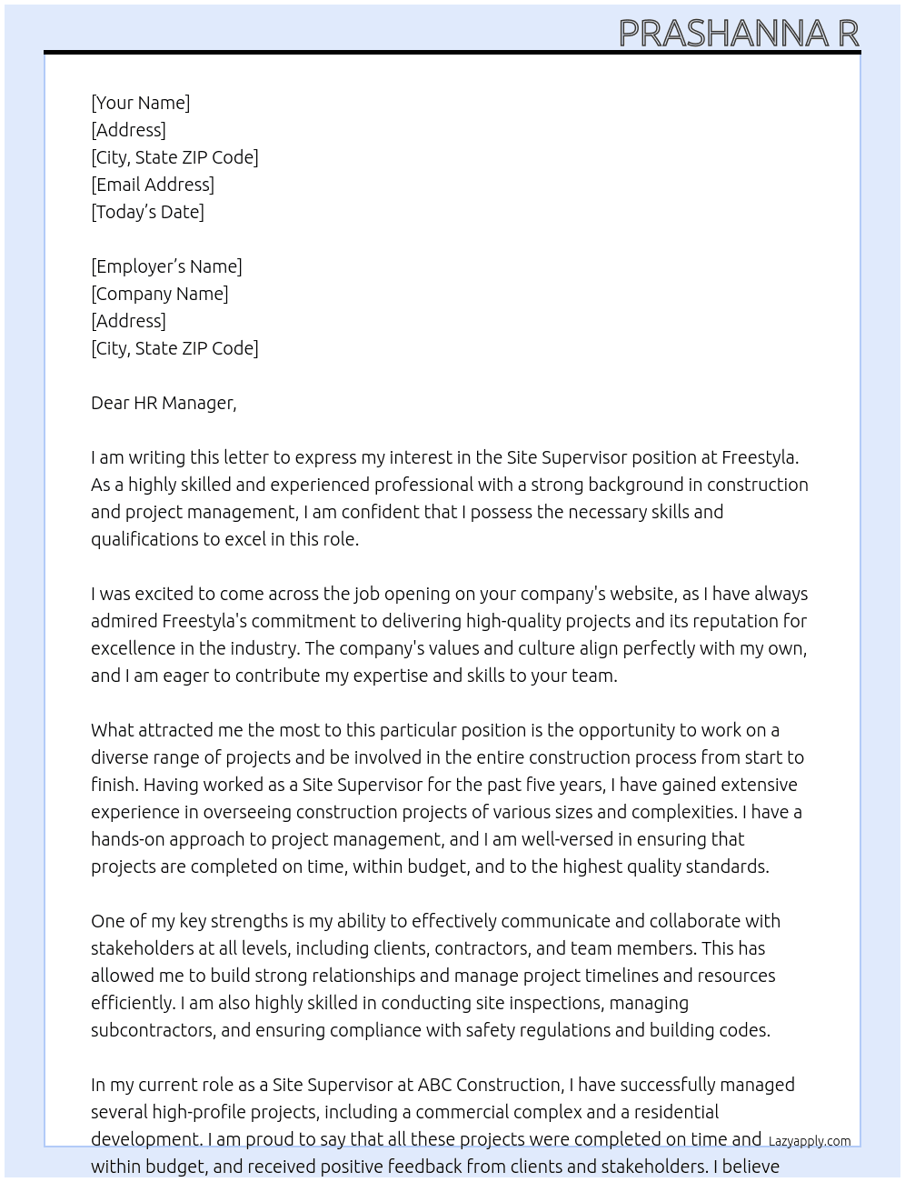 Site supervisor  At Freestyla Cover Letter