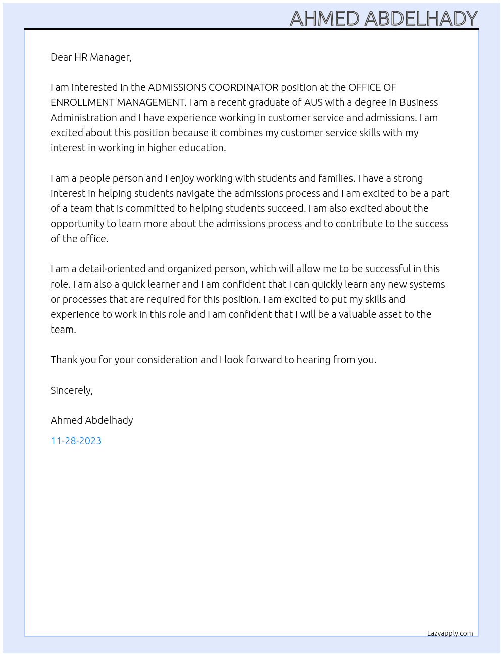 ADMISSIONS COORDINATOR | OFFICE OF ENROLLMENT MANAGEMENT At AUS Cover Letter