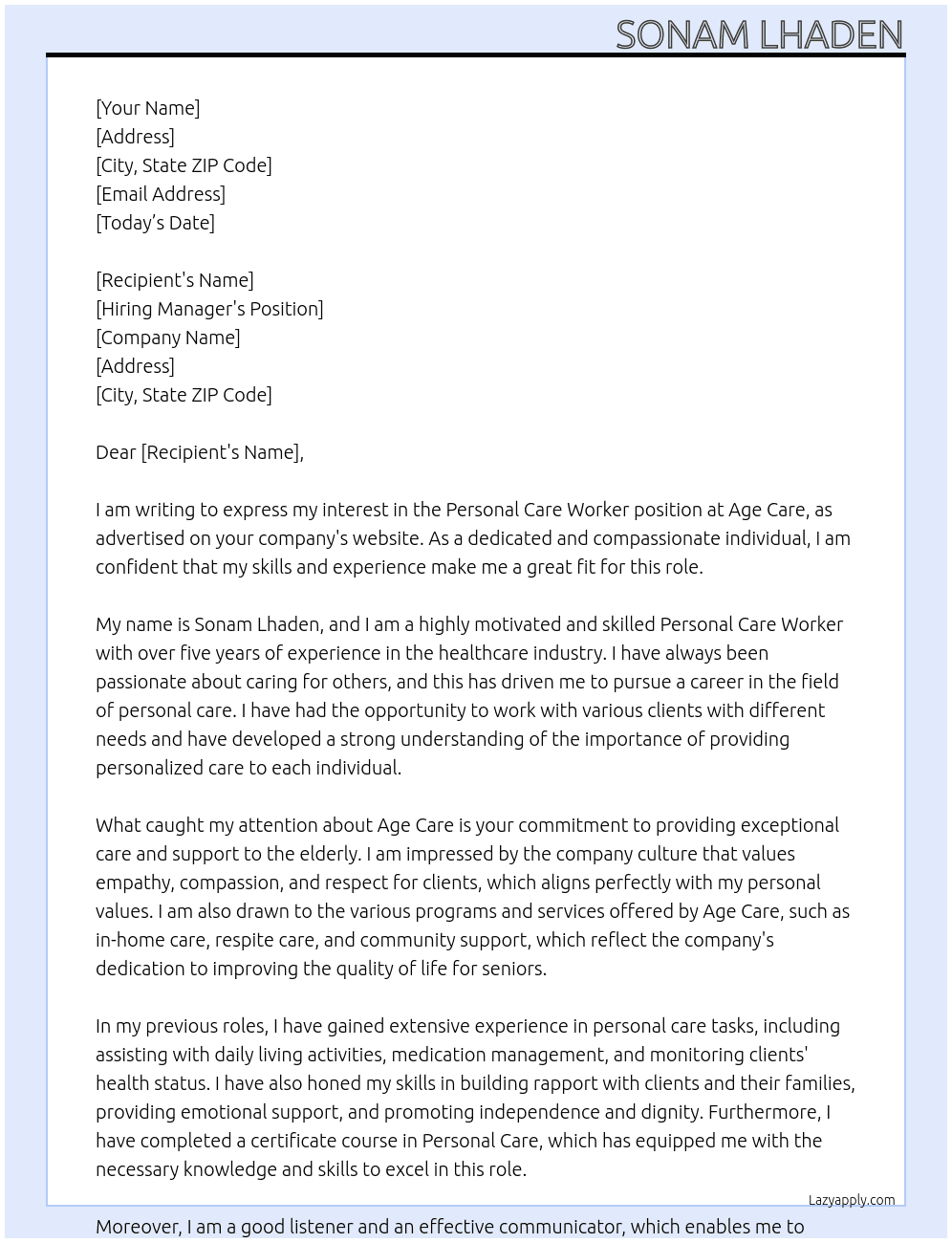 Personal Care Worker At Age care Cover Letter