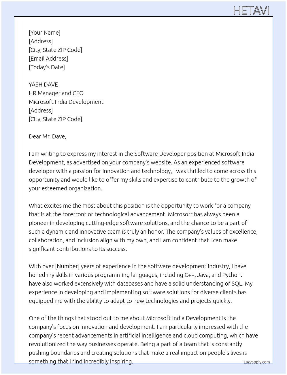 SOFTWARE DEVLOPER At MICROSOFT INDIA DEVELOPMENT Cover Letter