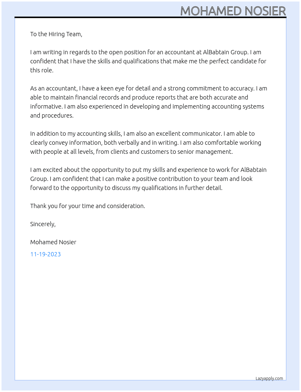 Accountant  At AlBabtain Group Cover Letter