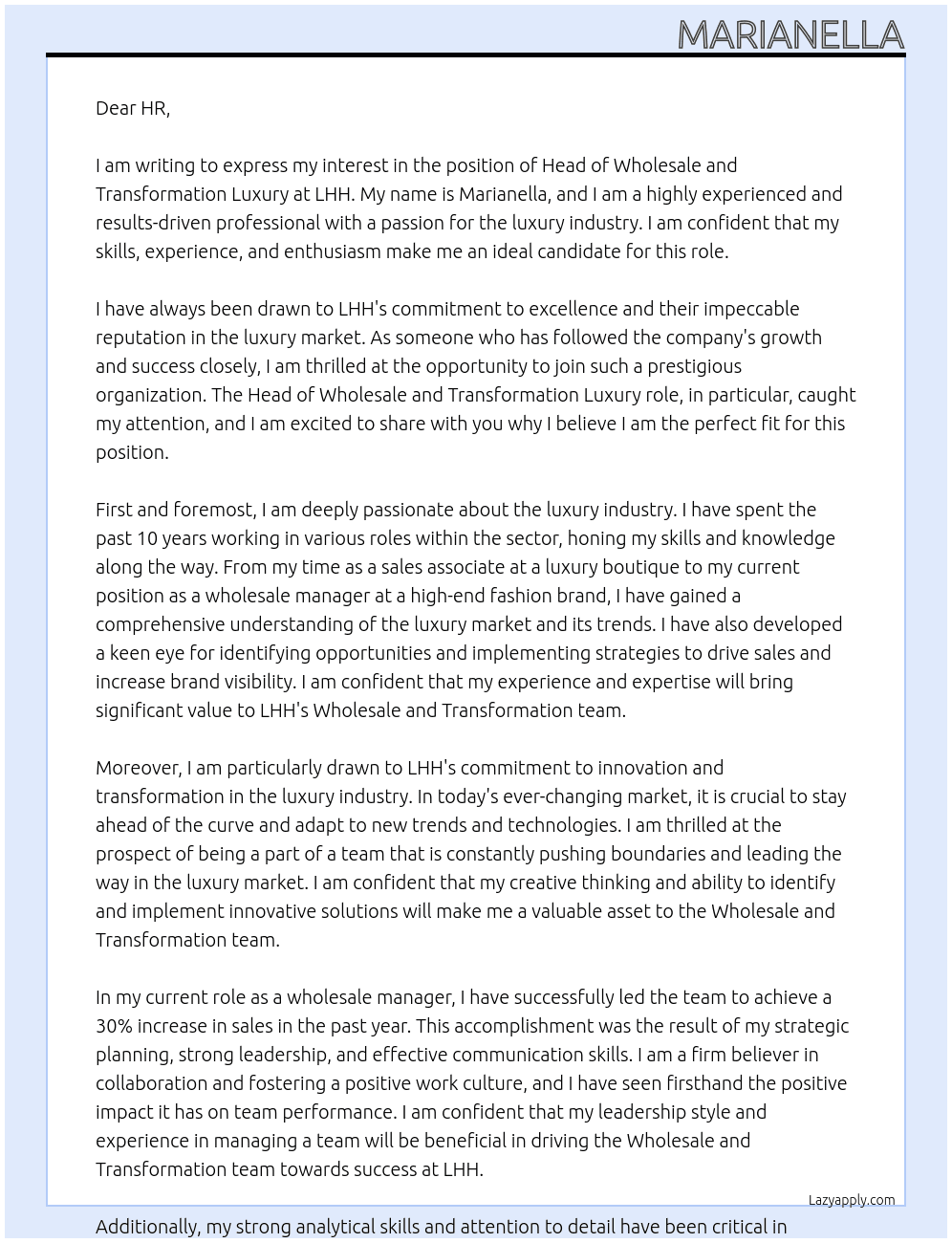 Head of wholesale and transformation muxury At LHH Cover Letter