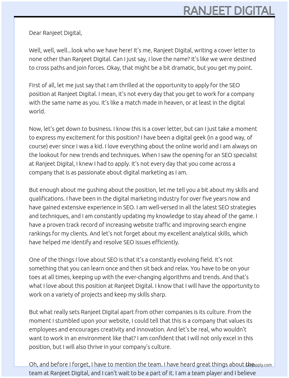 Seo At Ranjeet Digital Cover Letter