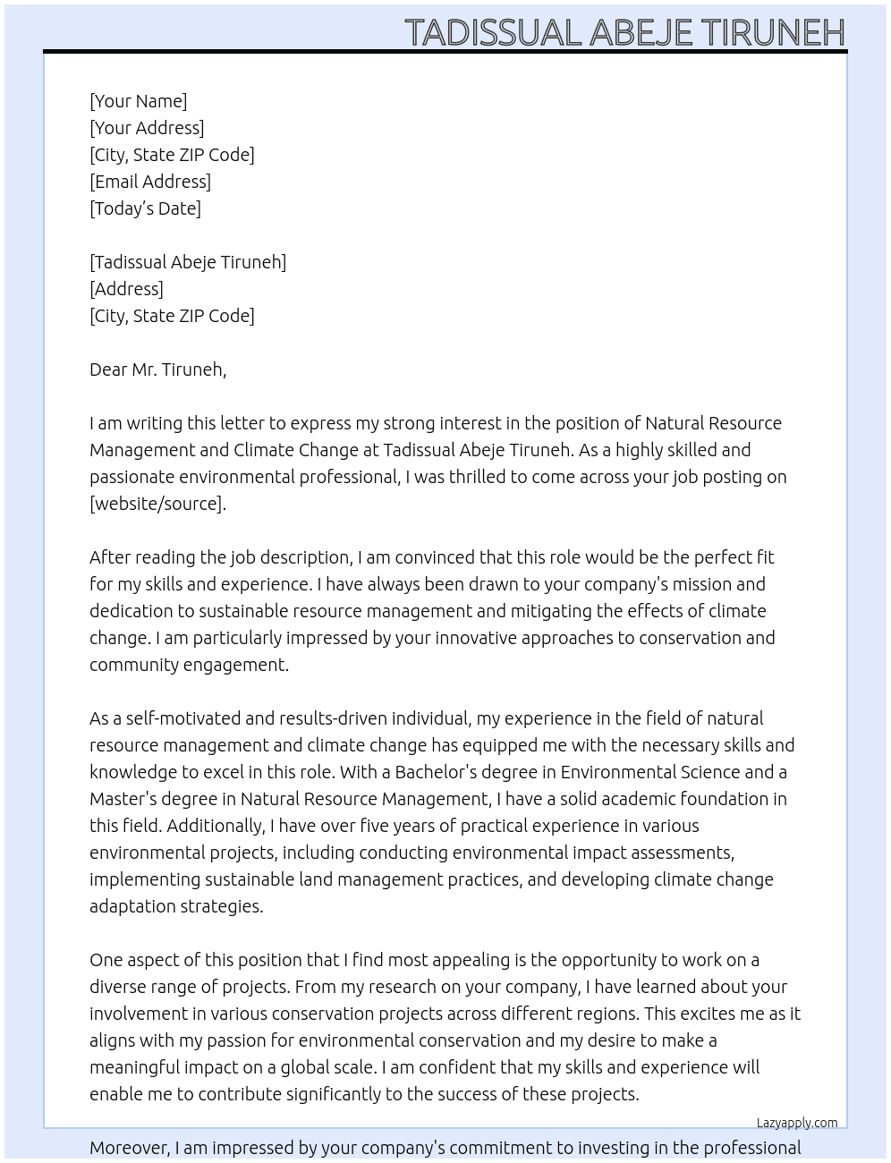 natural rsource management and climate change At Tadissual Abeje Tiruneh Cover Letter
