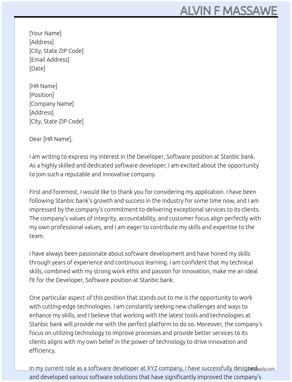 Developer, Software At Stanbic bank Cover Letter