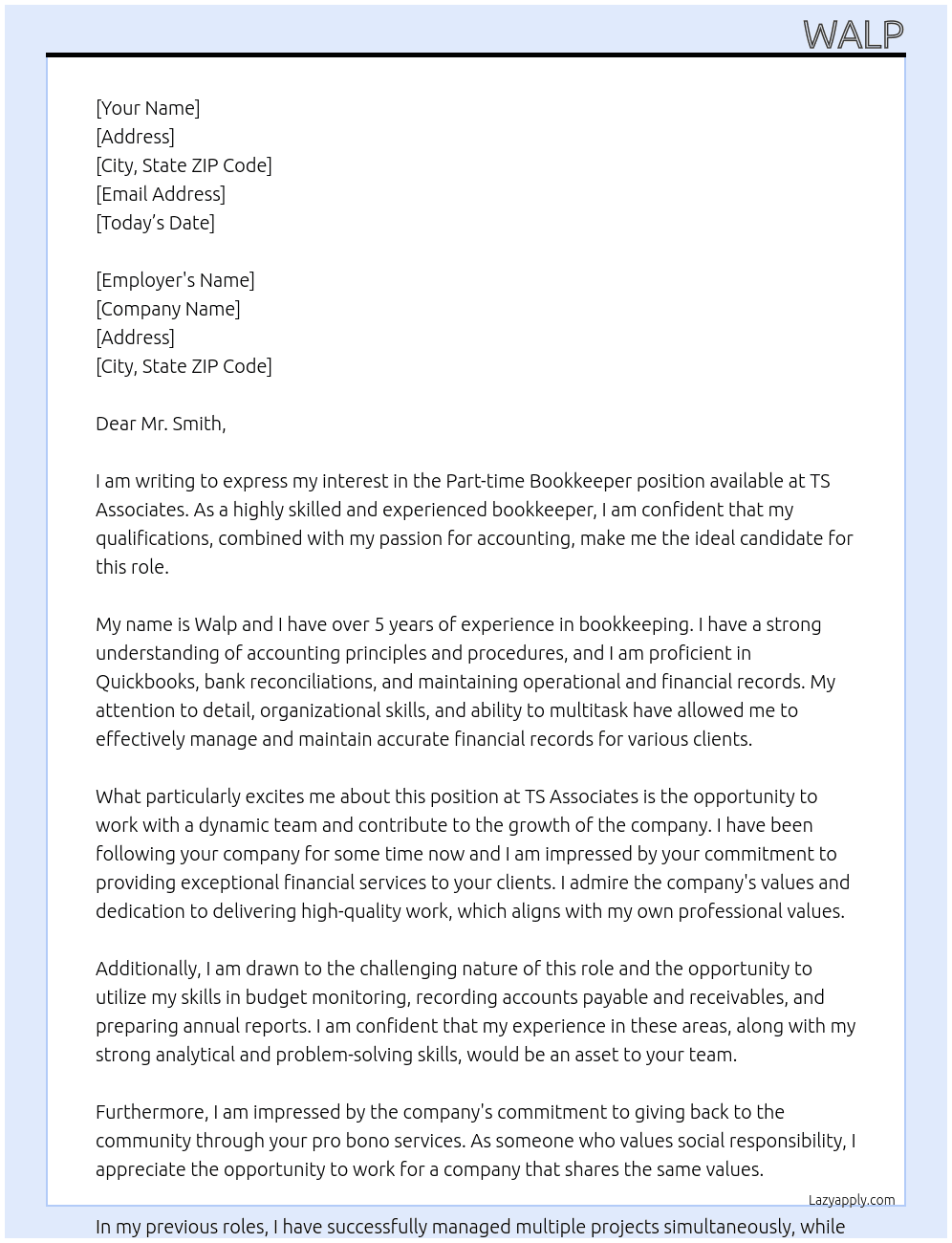 Partg time bookkeper At ts associates Cover Letter