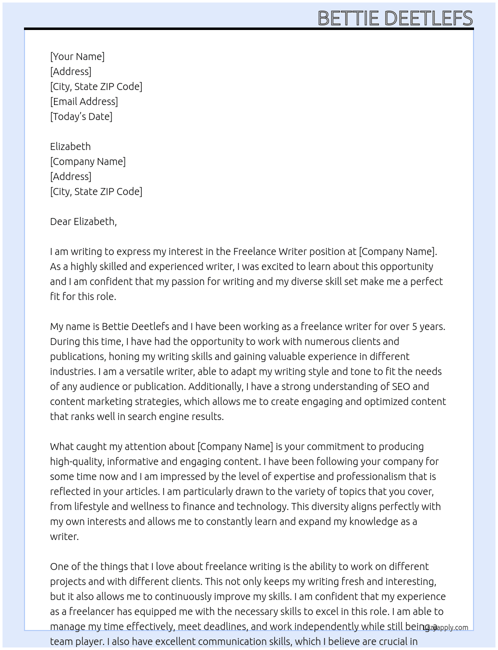 Freelance Writer At Bettie Cover Letter