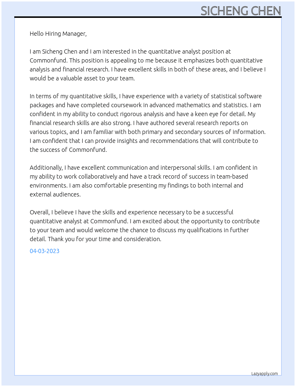 quantitative analyst At Commonfund Cover Letter