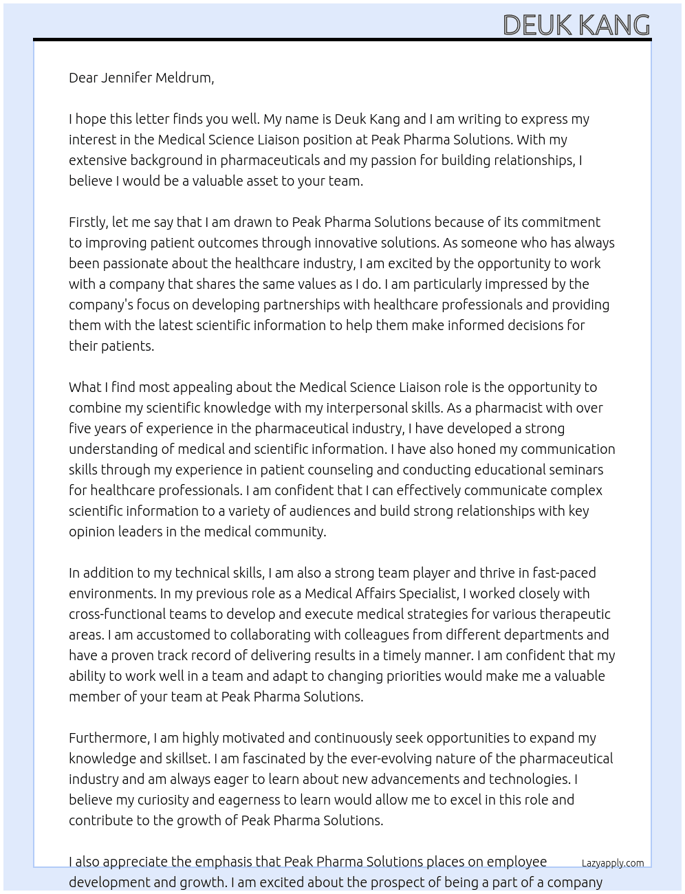 Medical Science Liaison At Peak Pharma Solutions Cover Letter