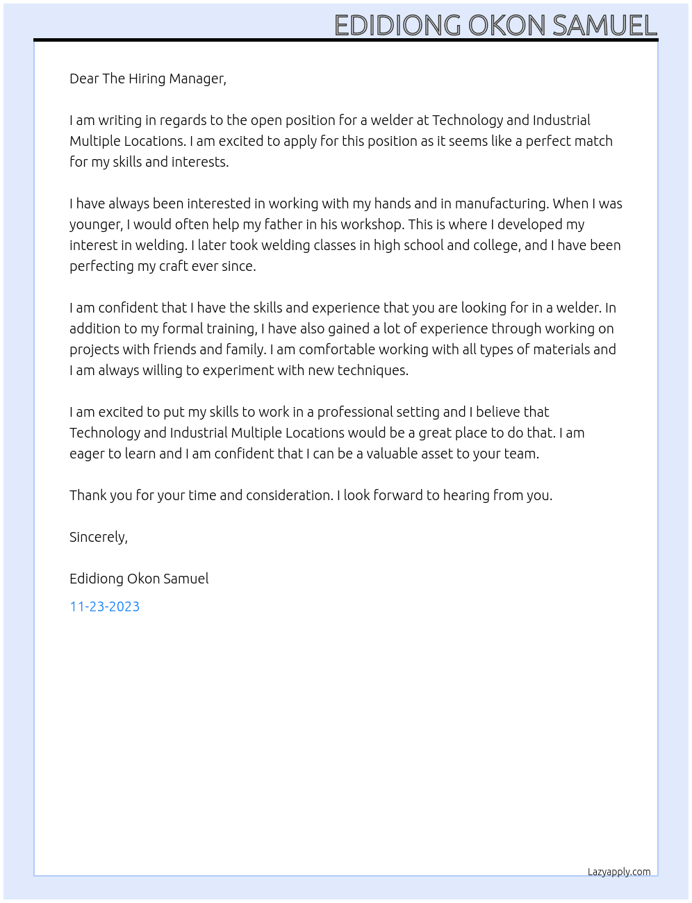 Welder At Technology and Industrial Multiple Locations Cover Letter