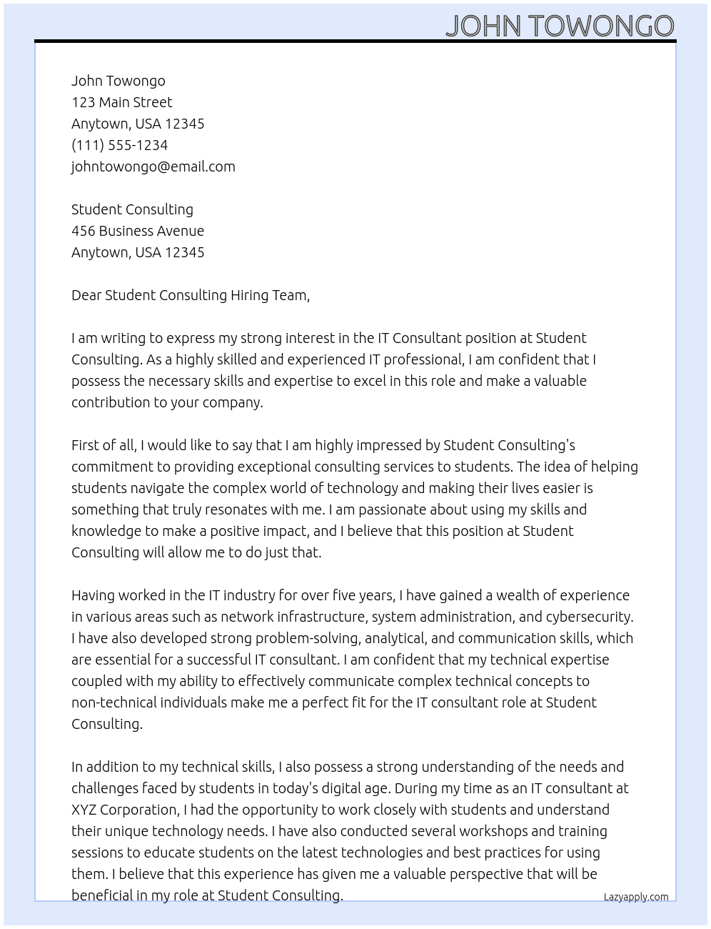 IT consultant At student consulting  Cover Letter