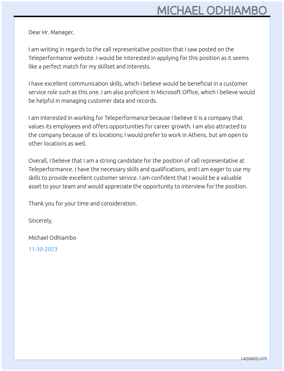 Call representative At Teleperformance Cover Letter