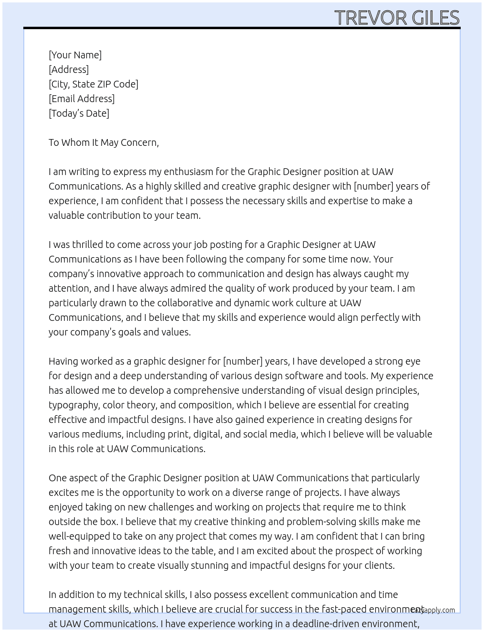 Graphic Designer At UAW Communications Cover Letter