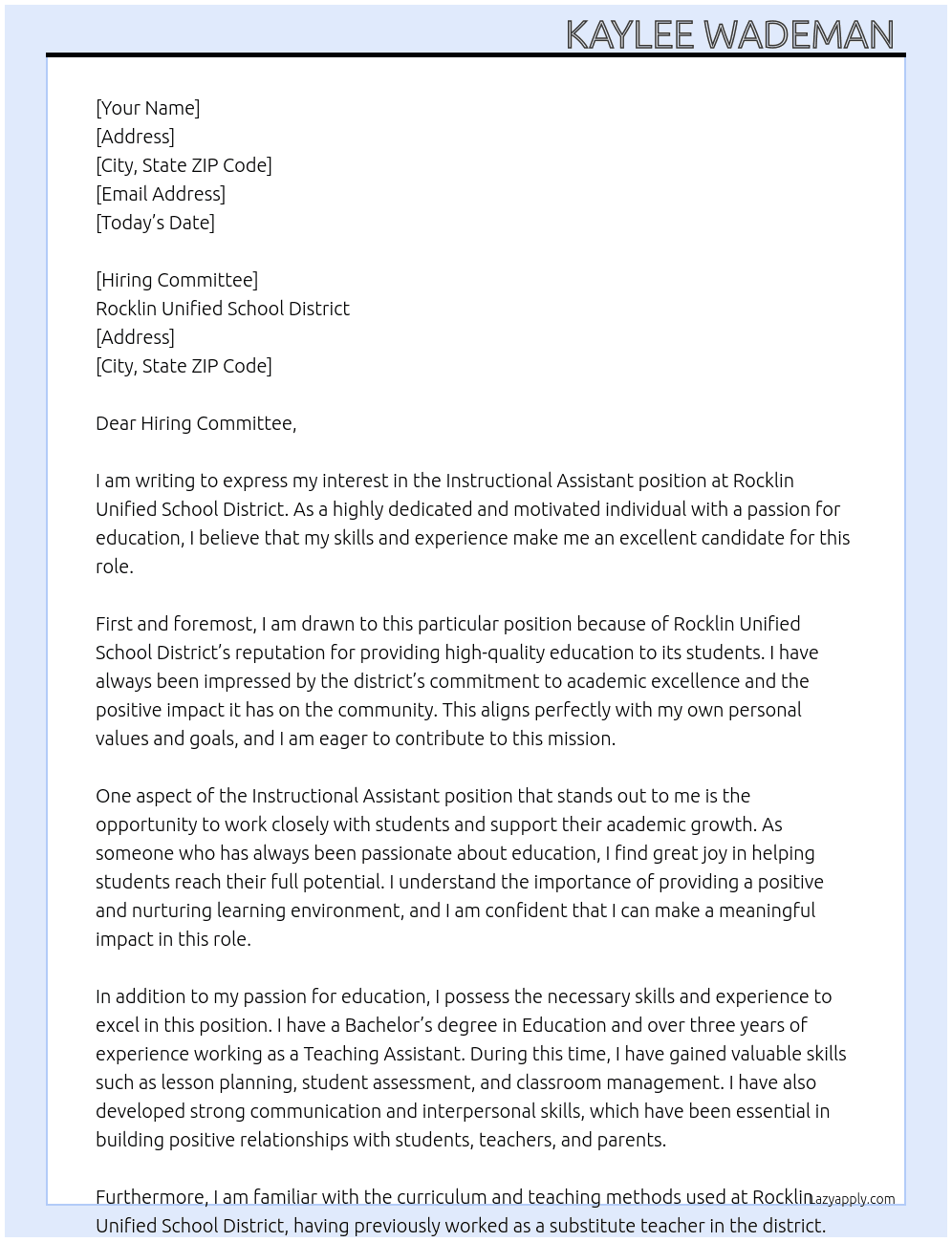 Cover letter for instructional assistant - LazyApply