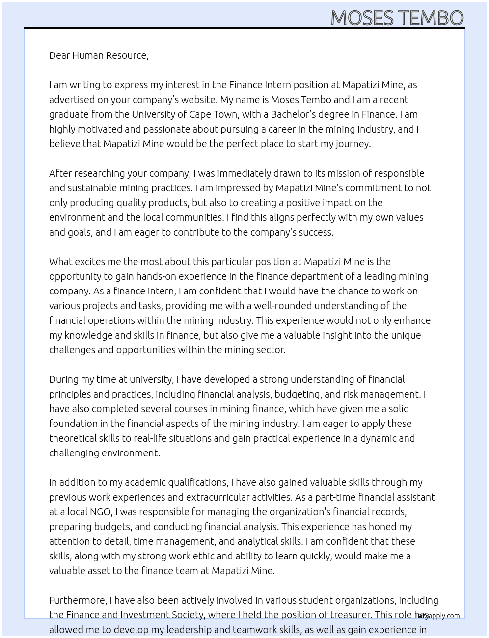 Finance intern  At Mapatizi mine Cover Letter