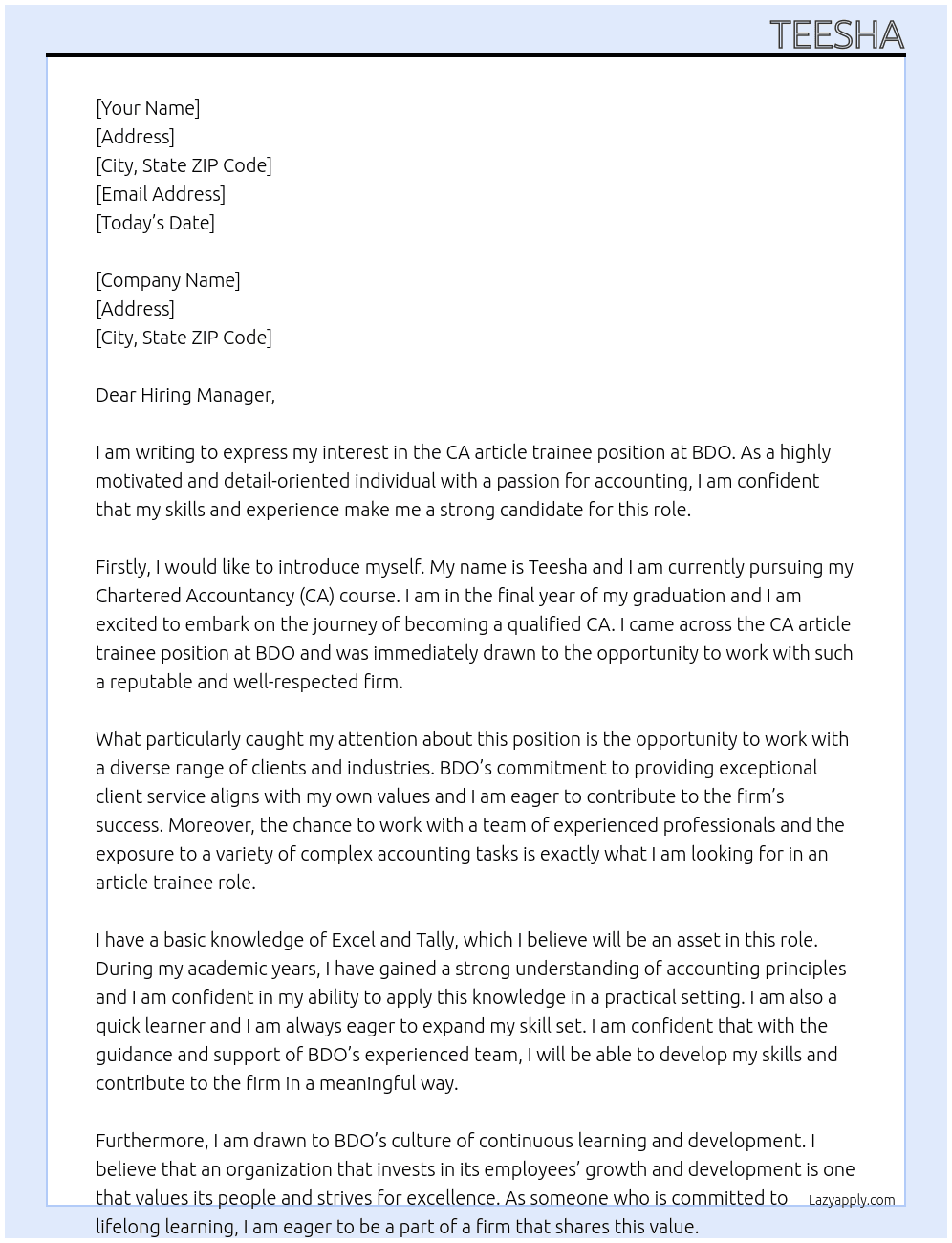 Ca article trainee  At BDO Cover Letter