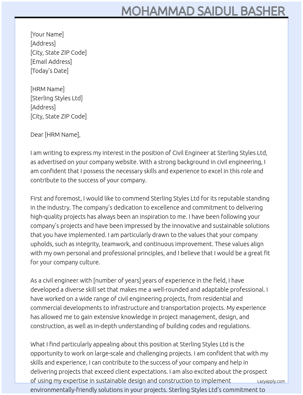 Civil Engineer  At Sterling Styles Ltd Cover Letter