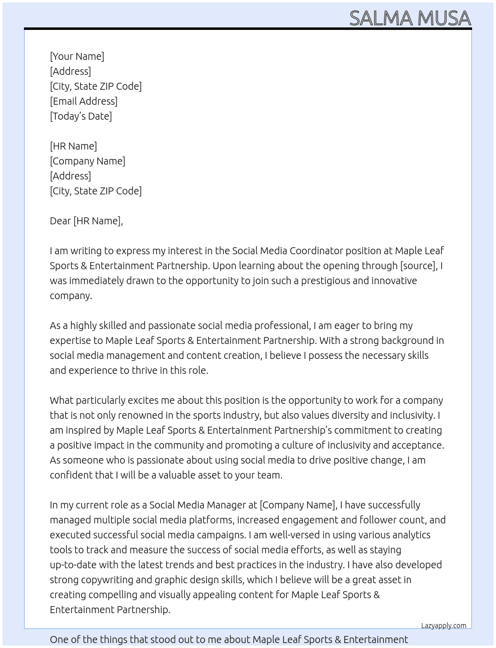 Social Media Coordinator At Maple Leaf Sports & Entertainment Partnership Cover Letter