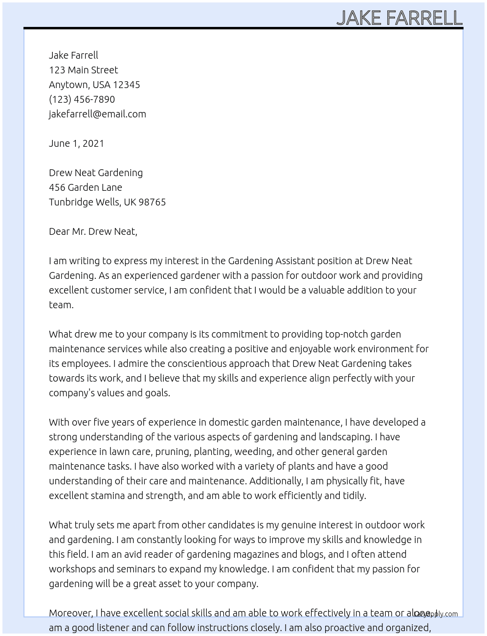 Gardening assistant At Drew Neat Gardening Cover Letter