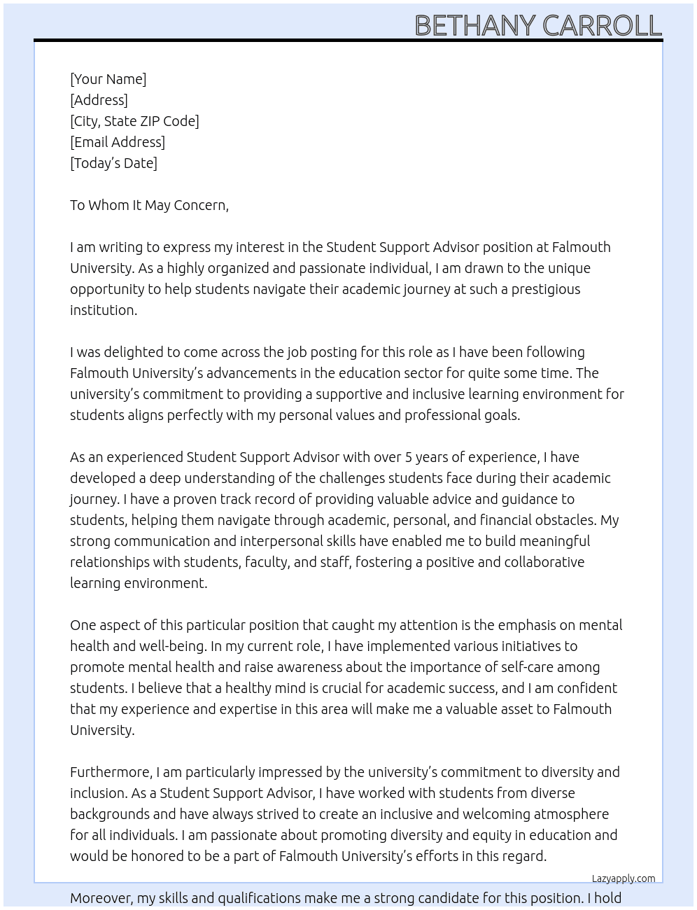 Student Support Advisor At Falmouth University Cover Letter