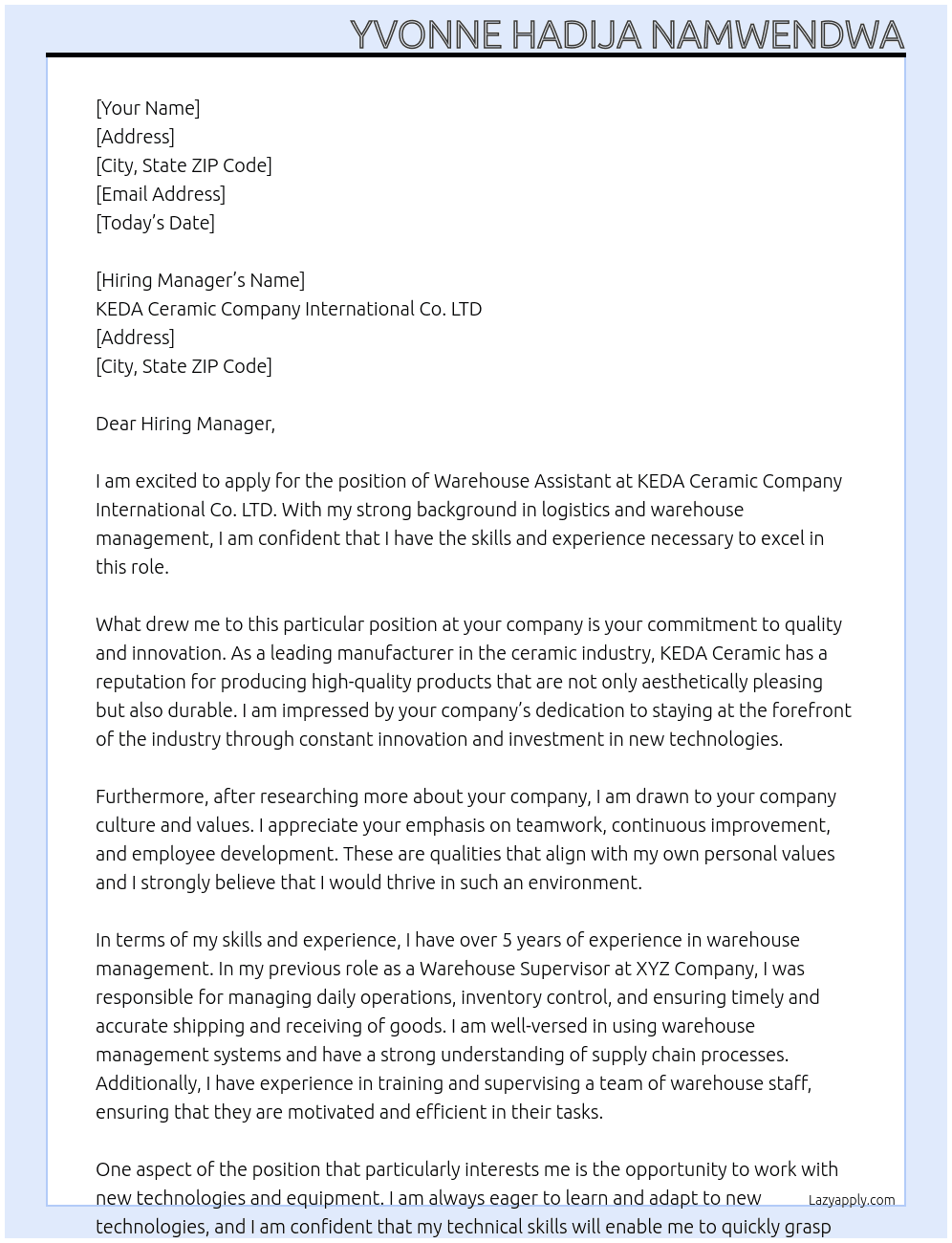 Warehouse Assistant At KEDA Ceramic Company International Co. LTD Cover Letter