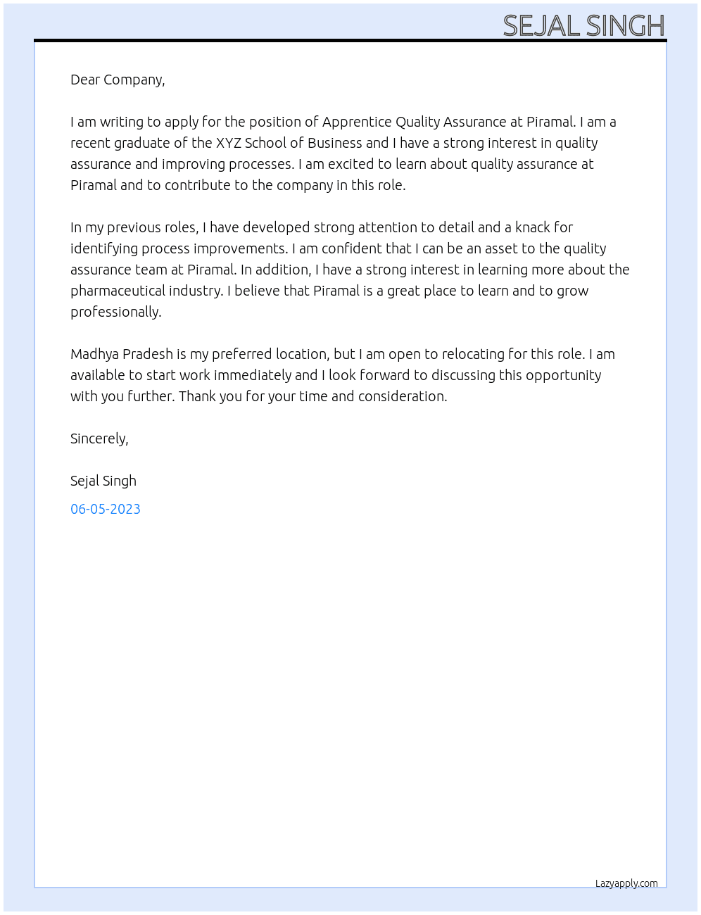 Apprentice Quality assurance  At Piramal  Cover Letter
