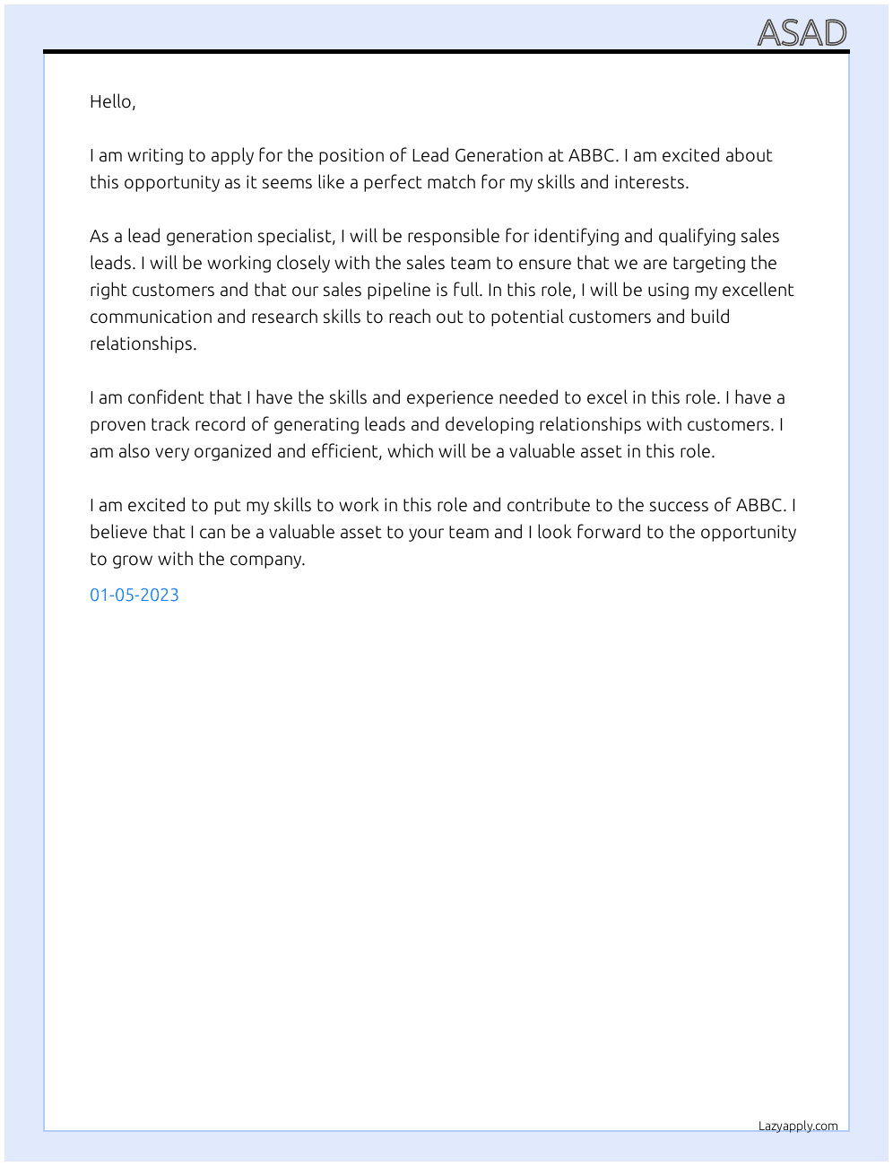 Lead Generation At ABBC Cover Letter