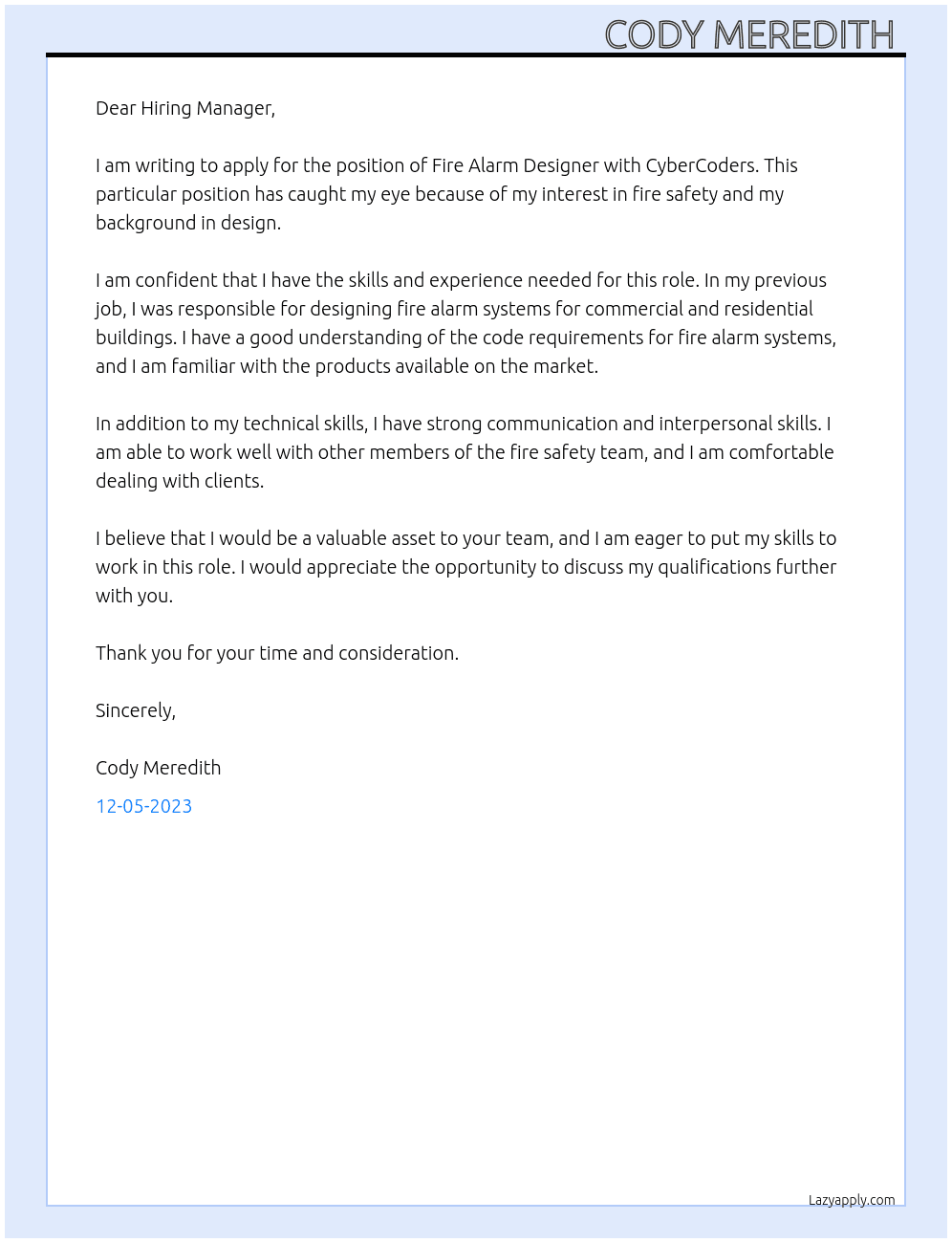 Fire Alarm Designer At CyberCoders Cover Letter