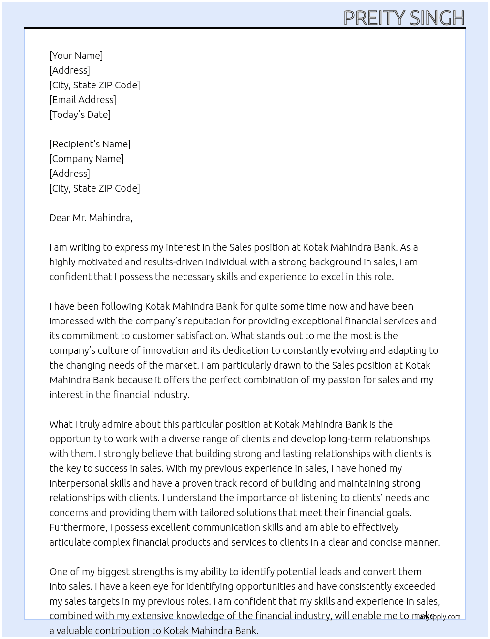 Sales At Kotak  Cover Letter