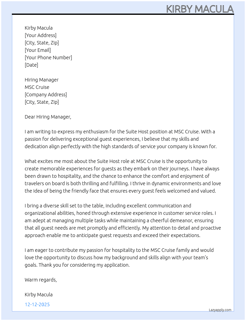 Suite Host At MSC Cruise Cover Letter