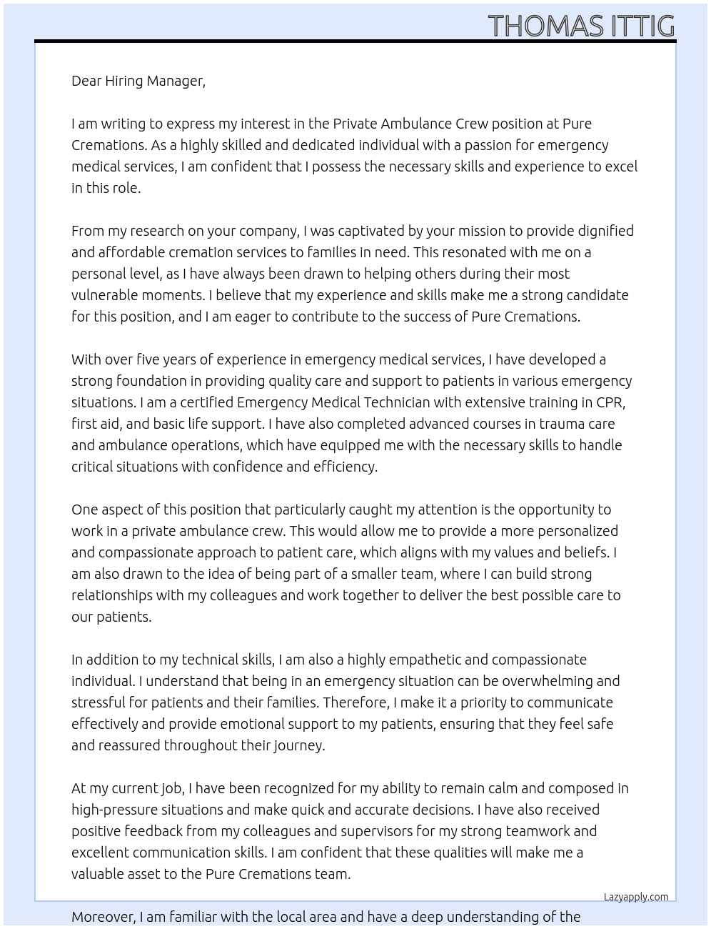 Private ambulance crew At Pure crematons Cover Letter