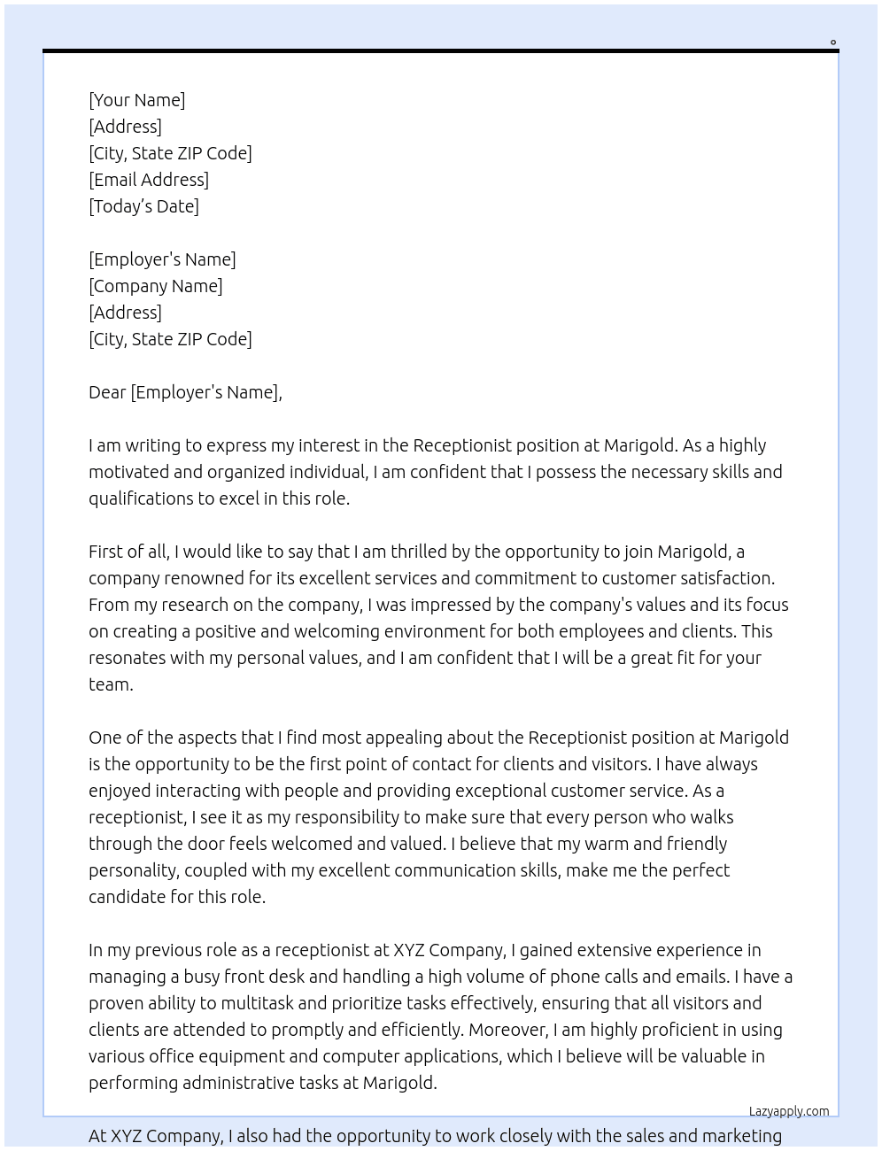 Receptionist  At Marigold  Cover Letter