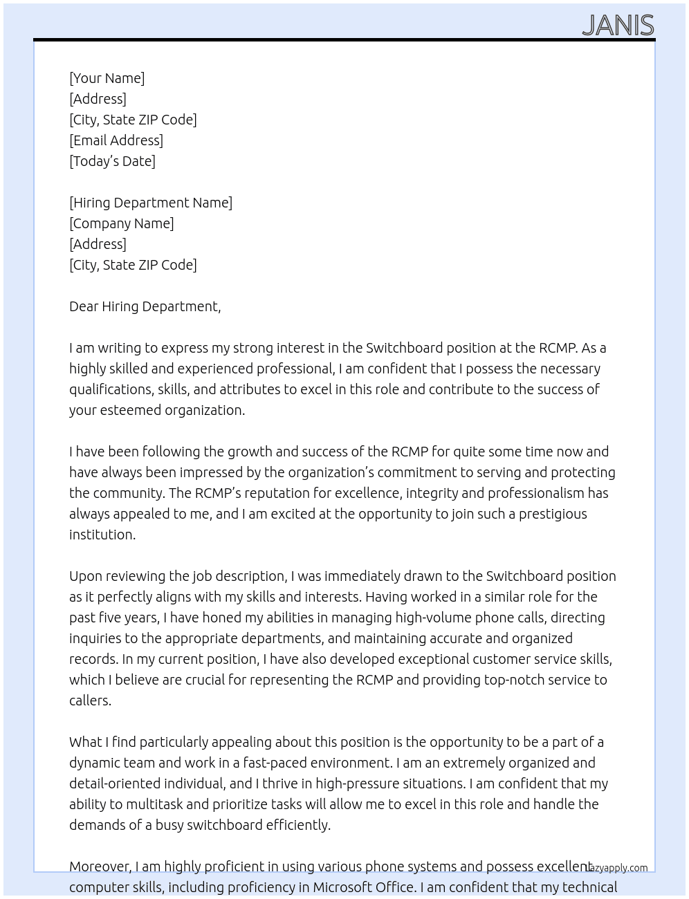 Switchboard At RCMP Cover Letter
