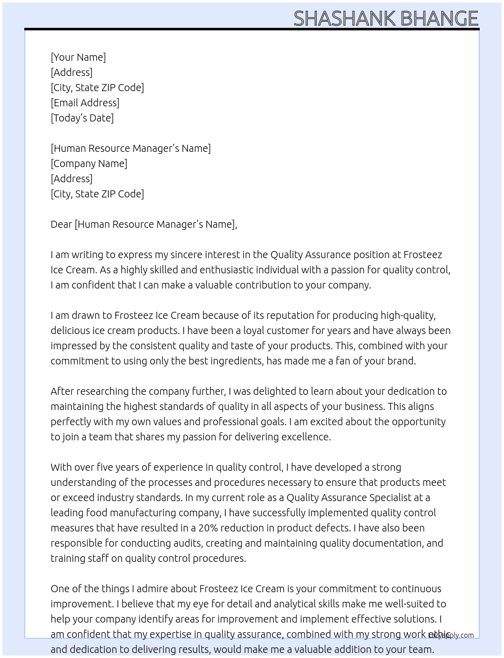 Quality Assurance At Frosteez Ice Cream Cover Letter
