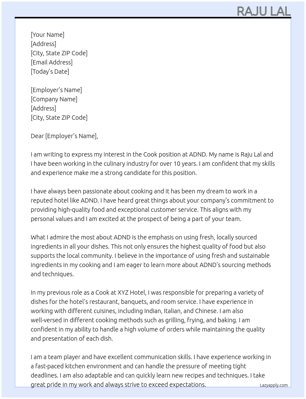Cook At ADND  Cover Letter