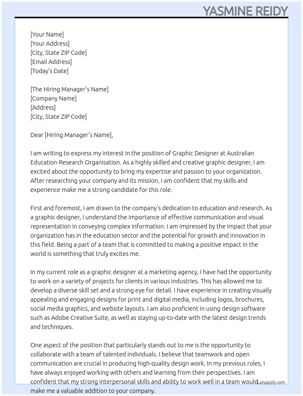 Graphic Designer At Australian Education Research Organisation Cover Letter